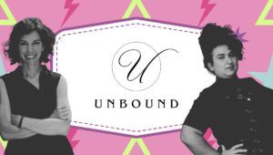 CYOA Unbound logo in a white label box with author photos of C. Davitt Bell and Fancy Feast against 80s graphic background