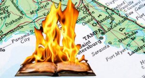 map of florida with an image of a book burning on top of it